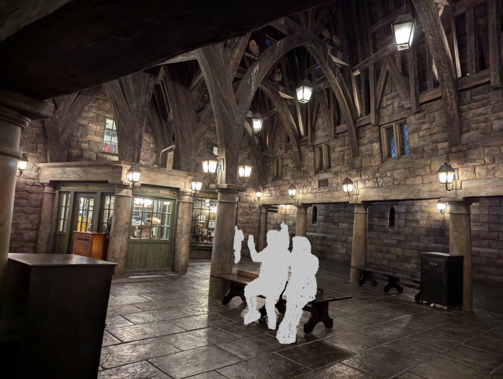 ユニバーサル・スタジオ・ジャパンのハリーポッターエリア「ウィザーディング・ワールド・オブ・ハリー・ポッター™」にあるフクロウ小屋の内部。天井の梁にとまったフクロウたちの模型が雰囲気を演出している。人物は塗りつぶし加工済み。