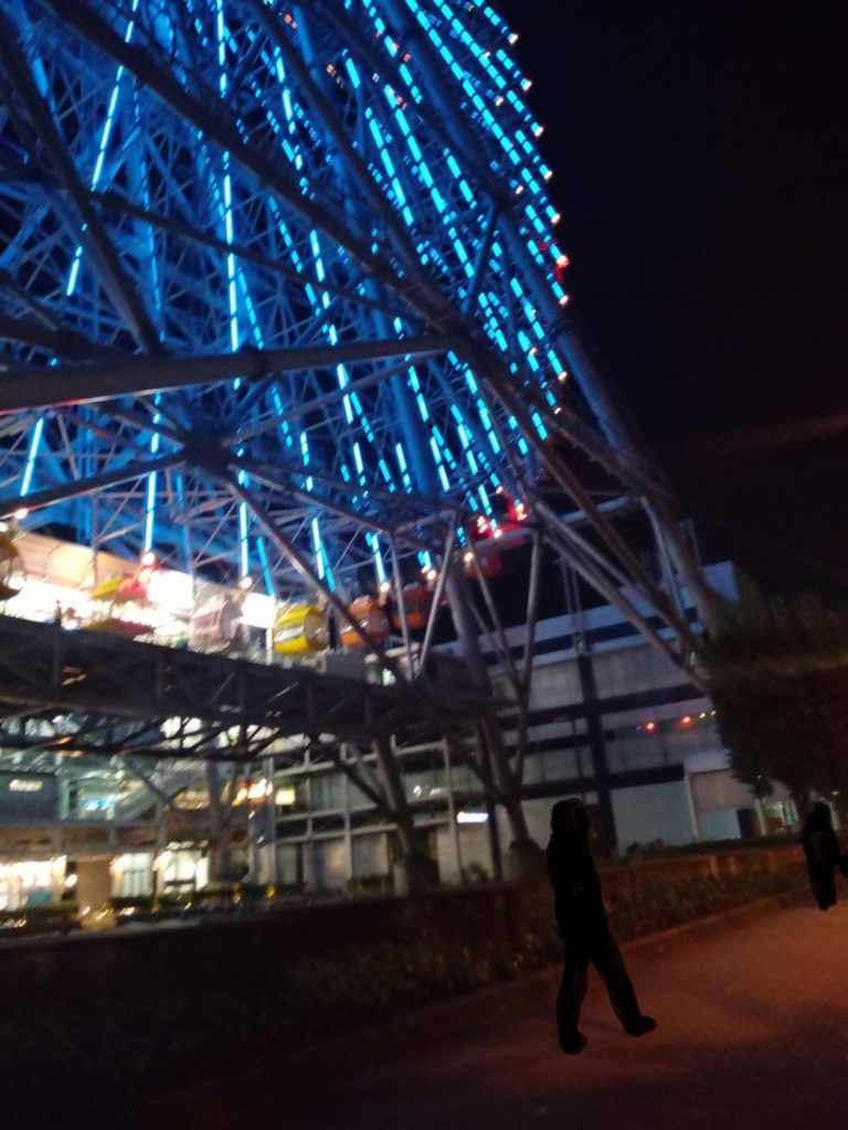 ライトアップされた天保山大観覧車が夜の空に映える、ロマンチックな観光スポットの一枚