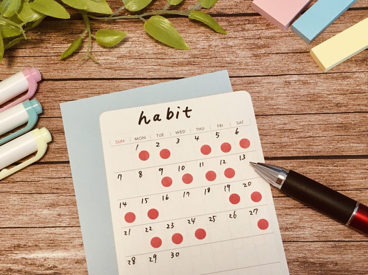 「habit」と書かれたスケジュール帳。ほとんどの日に赤丸シールが貼ってある。ADHDの方が、身に付けたい習慣をルーティン化できたイメージ。